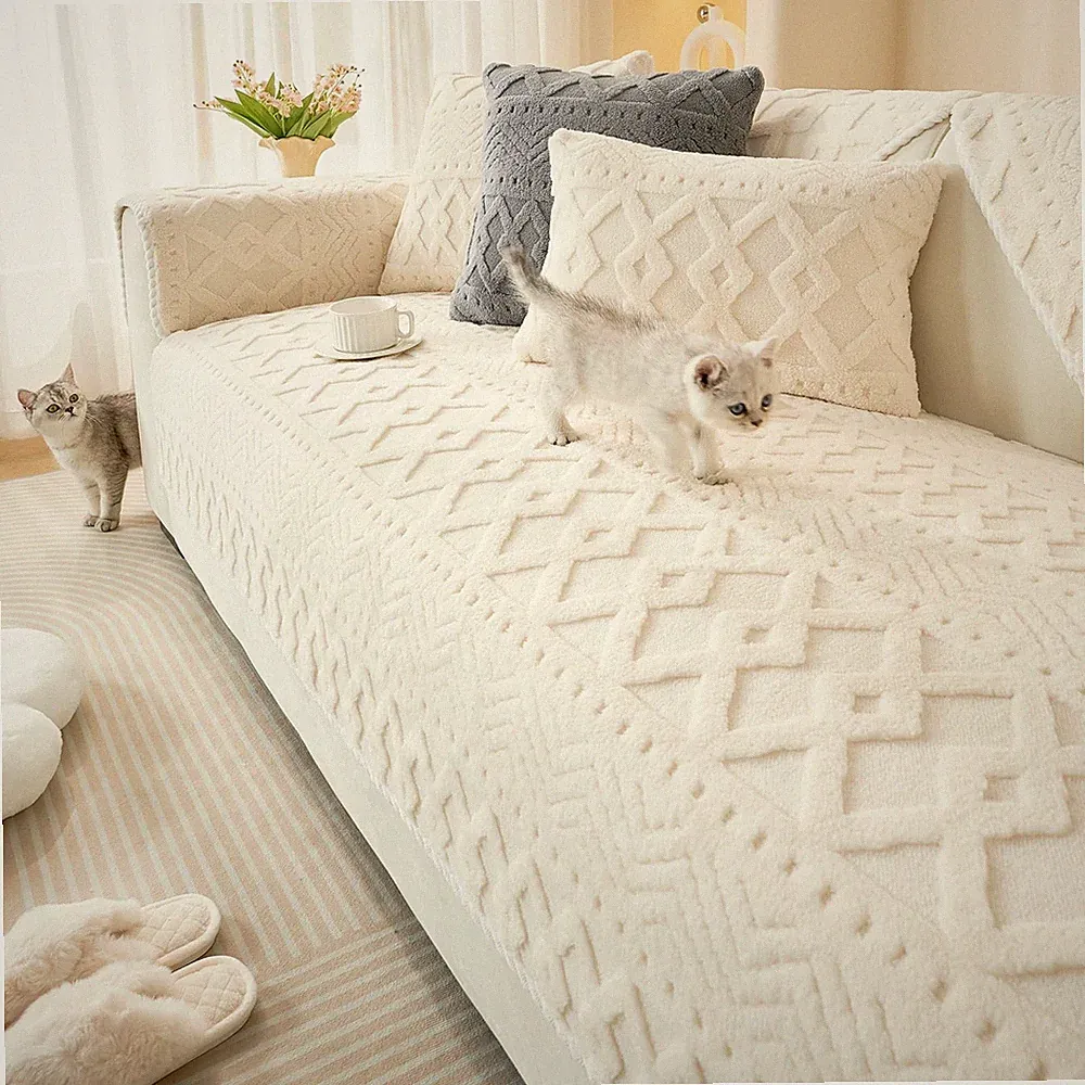 Boho Jacquard Plush Sofa Cover Fluffy Fuzzy Couch Cover for Dogs Soft Cozy No...