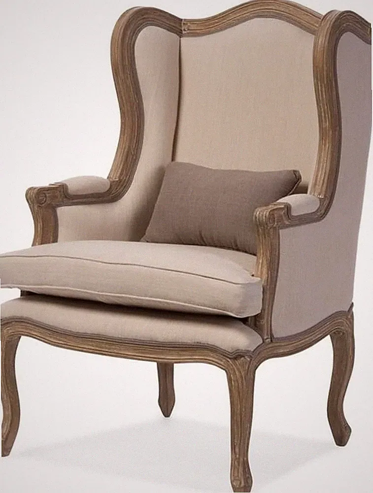 Distressed Two-Tone Upholstered Armchair in White Wash & Beige, French Style