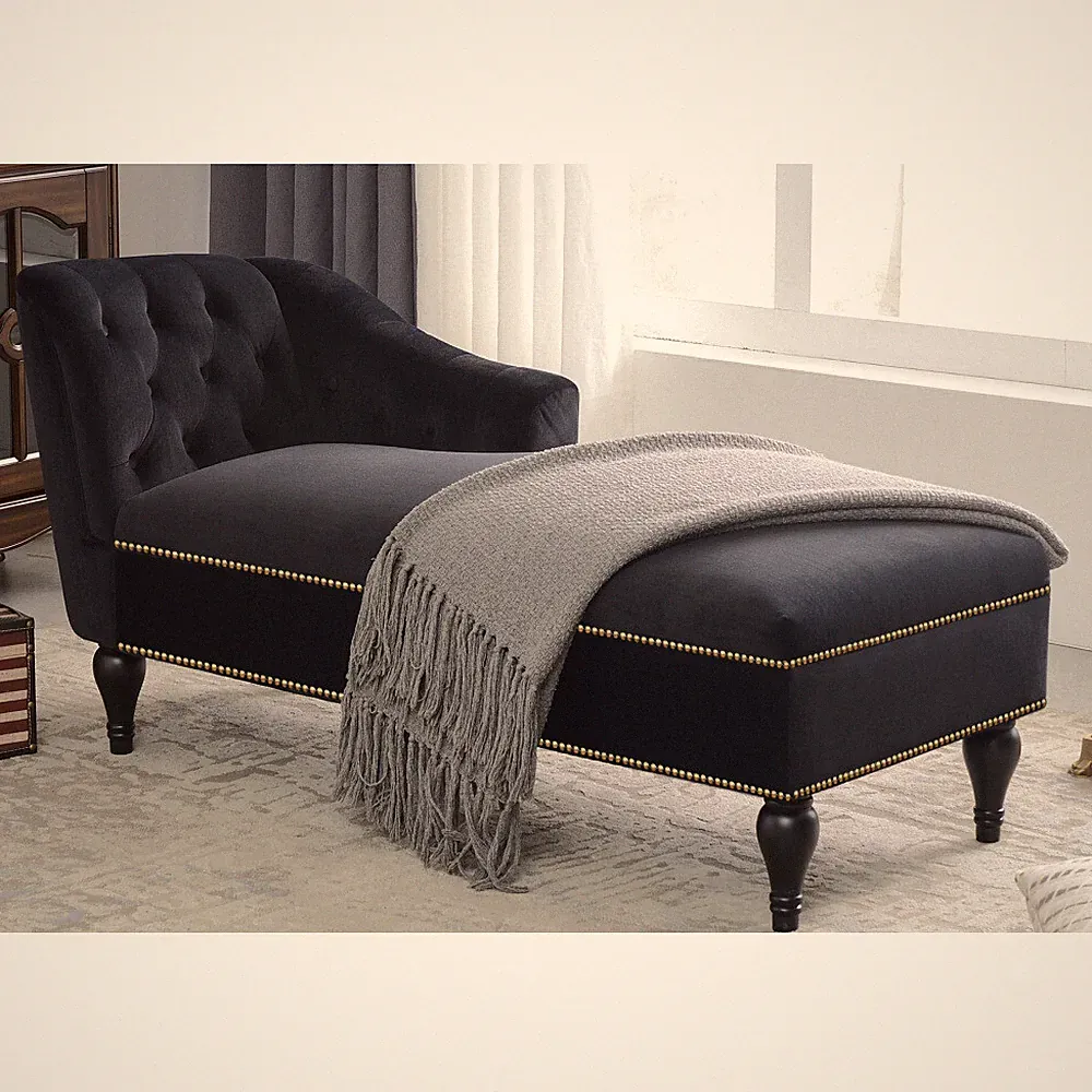 Luxury Tufted Velvet Chaise Lounge - Right Arm Facing, Nailhead, Wooden Legs