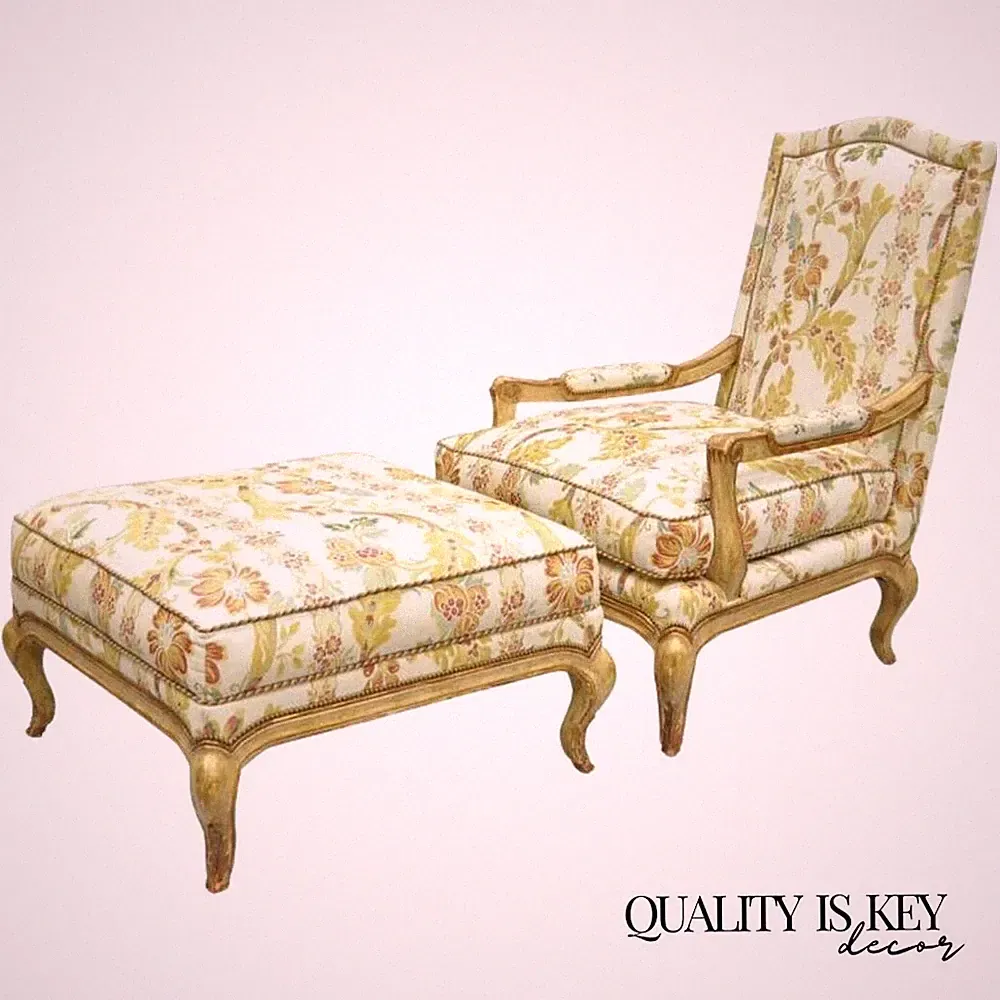 Nancy Corzine French Country Provincial Louis XV Bergere Lounge Chair & Ottoman