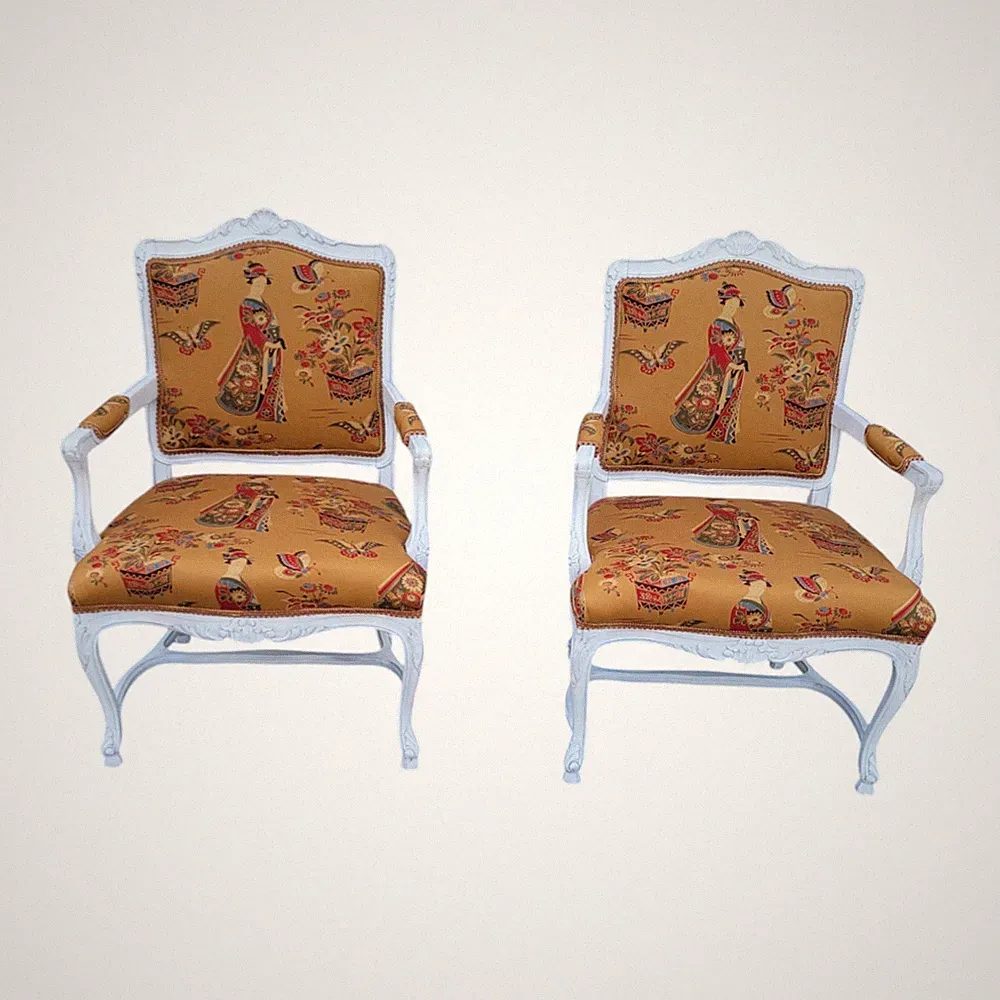 Pair Country French Armchairs White Frame Silk Fabric New Upholstery