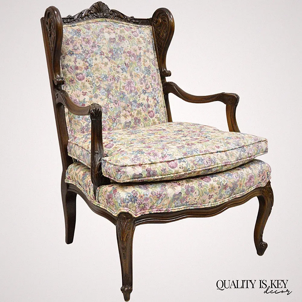 Vintage French Country Carved Walnut Provincial Wingback Lounge Arm Chair